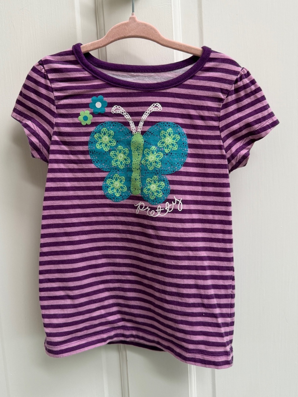 Faded Glory 4T Purple & Pink Striped Butterfly Tee Shirt Top Blouse